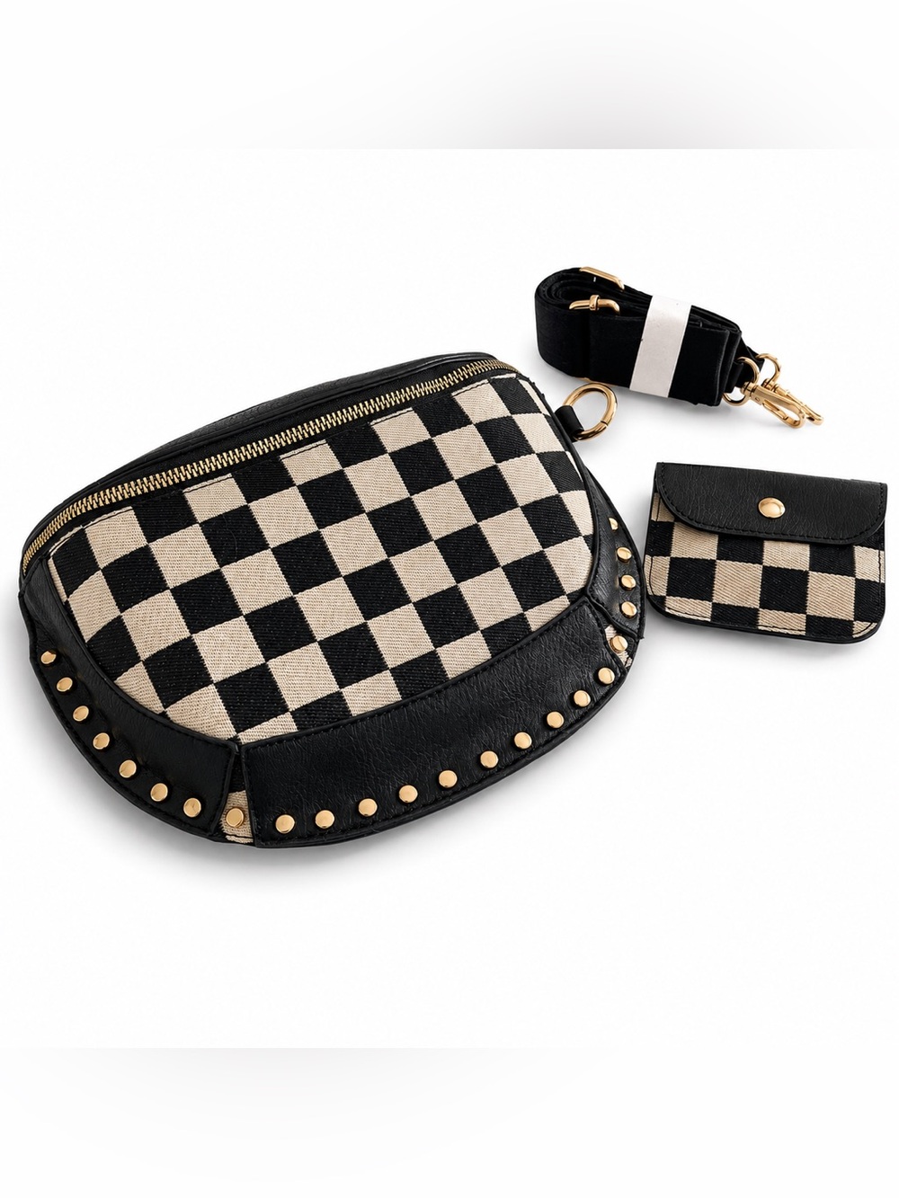 Boutique Checkered Crossbody Belt Bag Studded Saddle Bag Wallet Set Boho